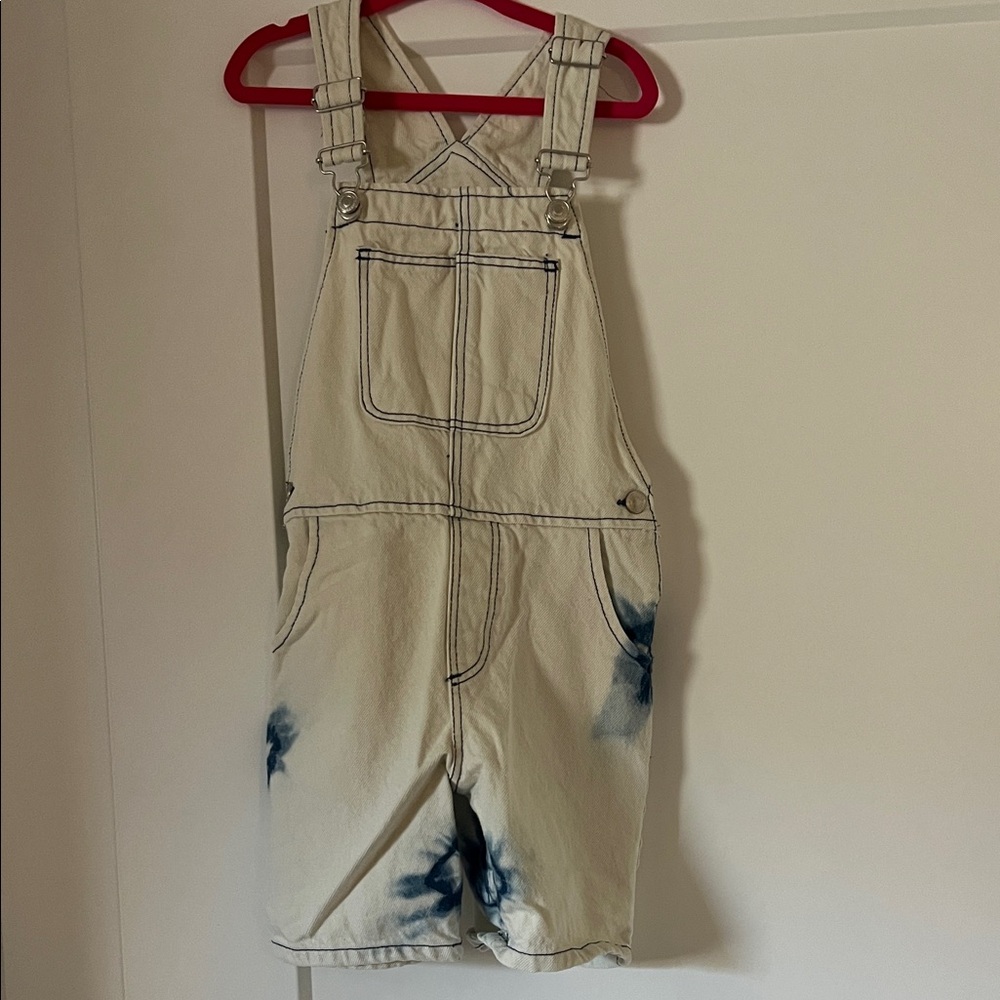 Sara little girls Cream Tie-Dye Short Overalls with Blue Accents